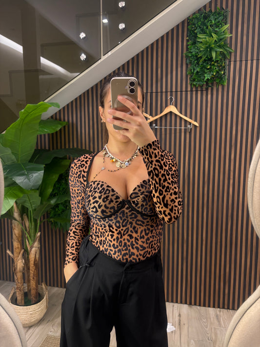 🐆 Body “Wild Desire” – Animalier a Maniche Lunghe con Coppe Strutturate