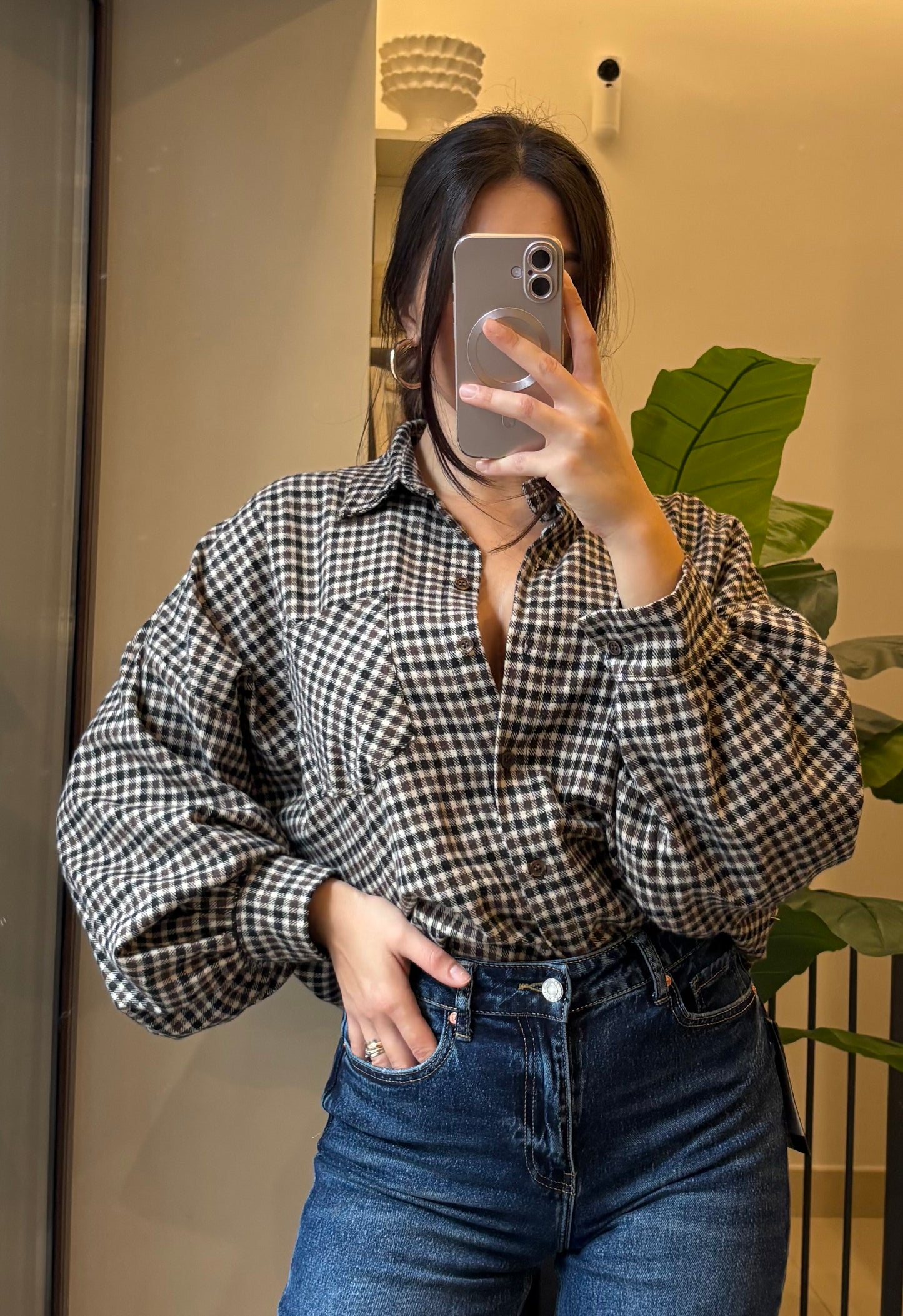 Camicia a Quadri con Maniche a Sbuffo