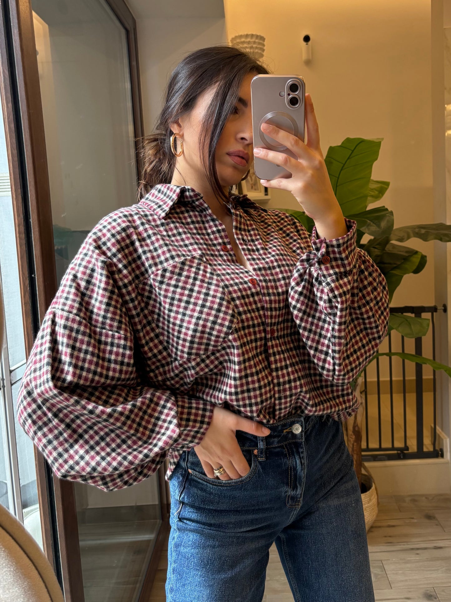 Camicia a Quadri con Maniche a Sbuffo