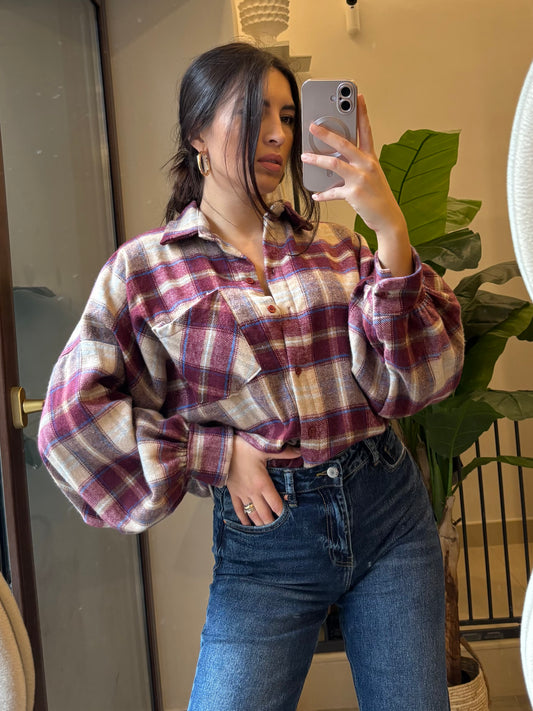 Camicia a Quadri con Maniche a Sbuffo