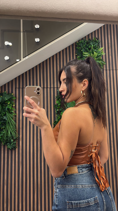 🤎 ♥️Top Corsetto “Brown Fierce” – Ecopelle con Chiusura Frontale e Lacci Posteriori